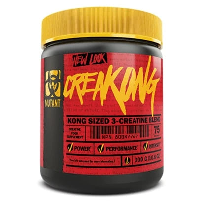 Musta purkki keltaisella kannella ja punakeltaisella etiketillä, sisältönä Mutant Creakong 300 g -kreatiinisekoitus., kuva 1/1