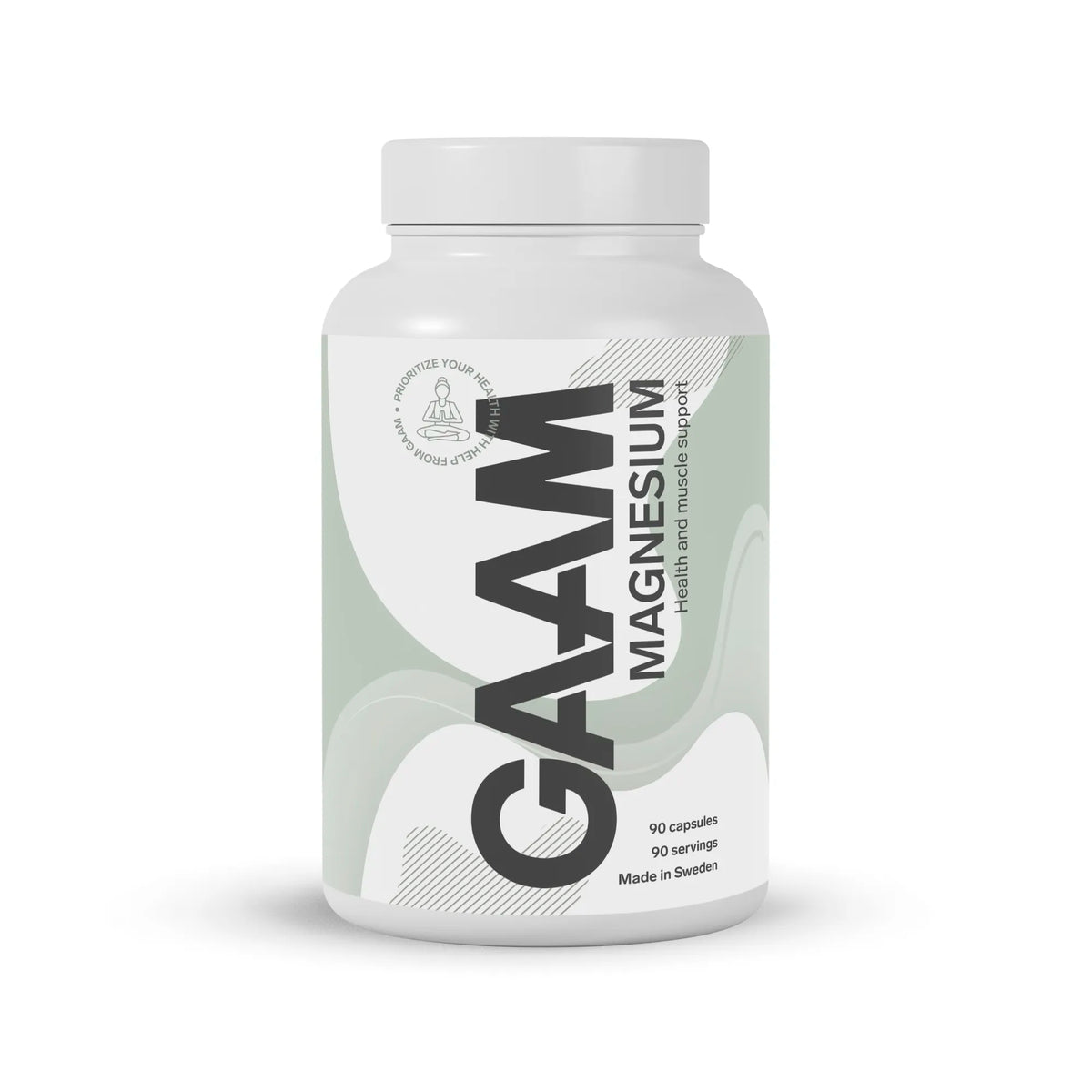 GAAM Magnesium 90 caps valkoisessa purkissa, jonka etiketissä on vaaleanvihreitä ja valkoisia graafisia yksityiskohtia.