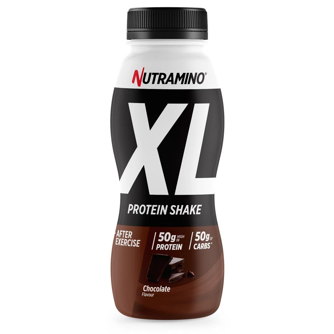 Nutramino Protein XL Shake 475 ml valmis proteiinipirtelö musta-valko-ruskeassa pullossa, makuna suklaa.