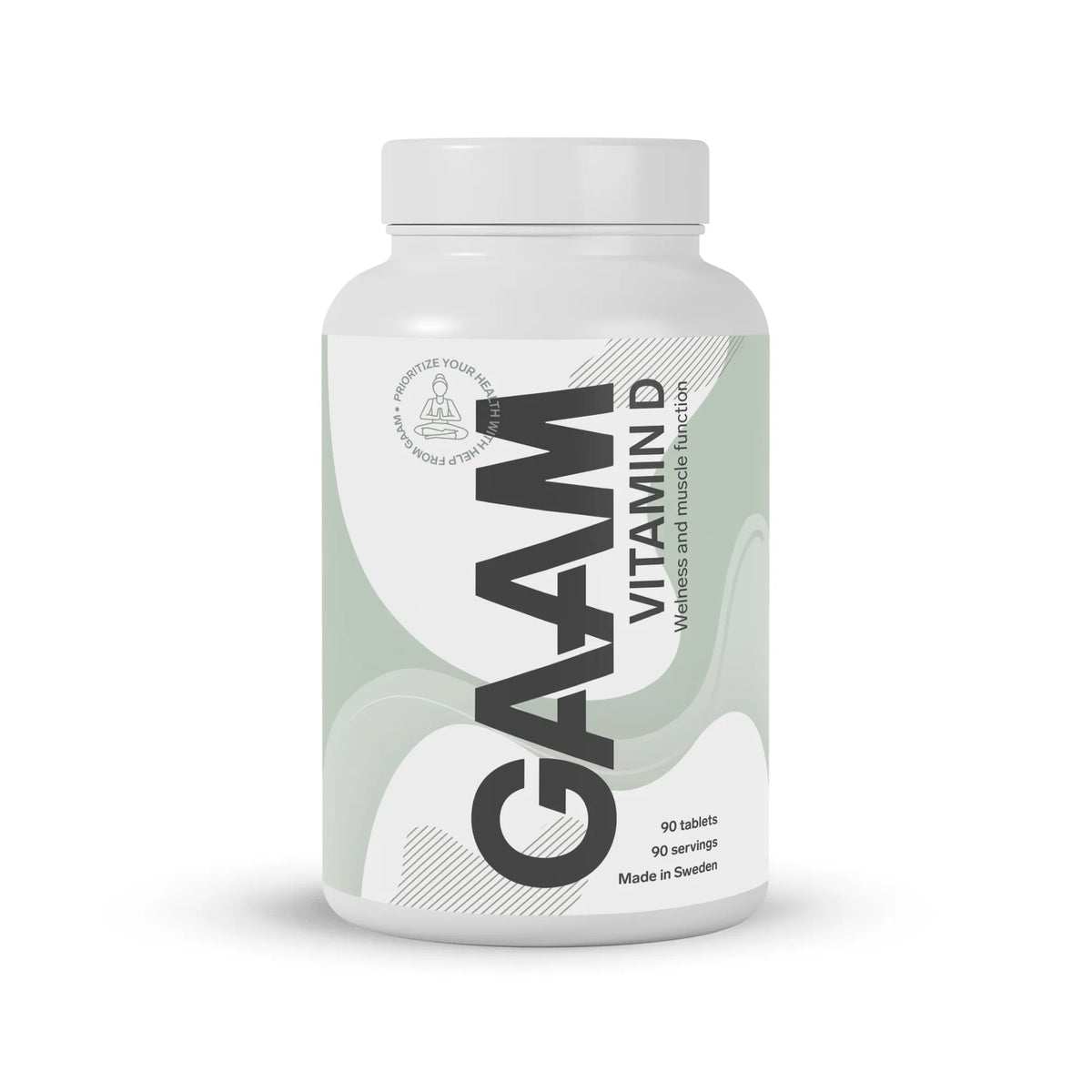 GAAM Vitamin-D 90 tabs -ravintolisä valkoisessa purkissa vaaleanvihreillä yksityiskohdilla., kuva 1/1