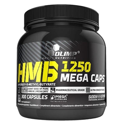 Olimp HMB Mega caps 300 caps -ravintolisä mustassa purkissa keltaisella ja valkoisella tekstillä., kuva 1/1