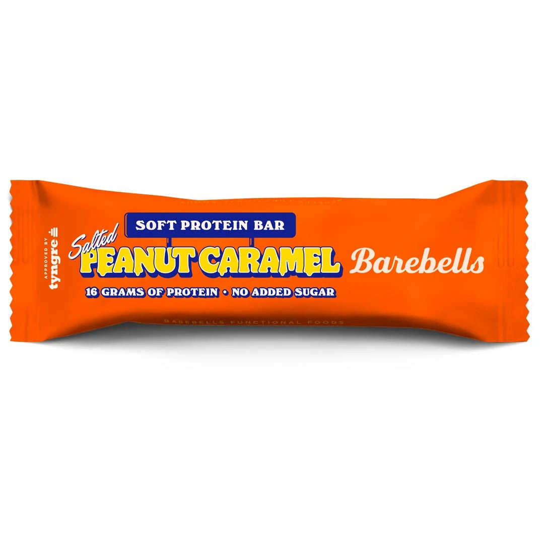 Barebells Soft protein bar 55 g oranssissa pakkauksessa sinisellä tekstillä, makuna Salted Peanut Caramel., kuva 5/21