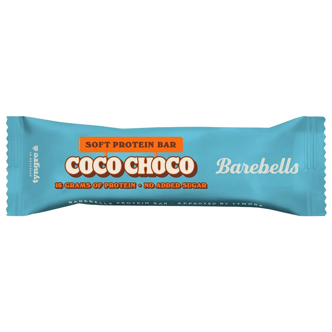 Barebells Soft protein bar 55 g vaaleansinisessä pakkauksessa oransseilla yksityiskohdilla, makuna Coco Choco., kuva 8/21