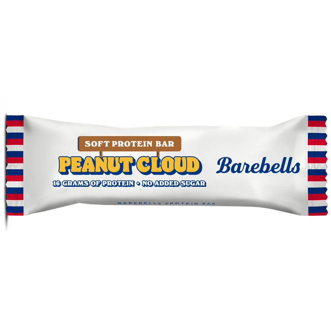 Barebells Soft protein bar 55 g valkoisessa pakkauksessa, jossa on puna-siniraidalliset reunat, makuna Peanut Cloud., kuva 17/21