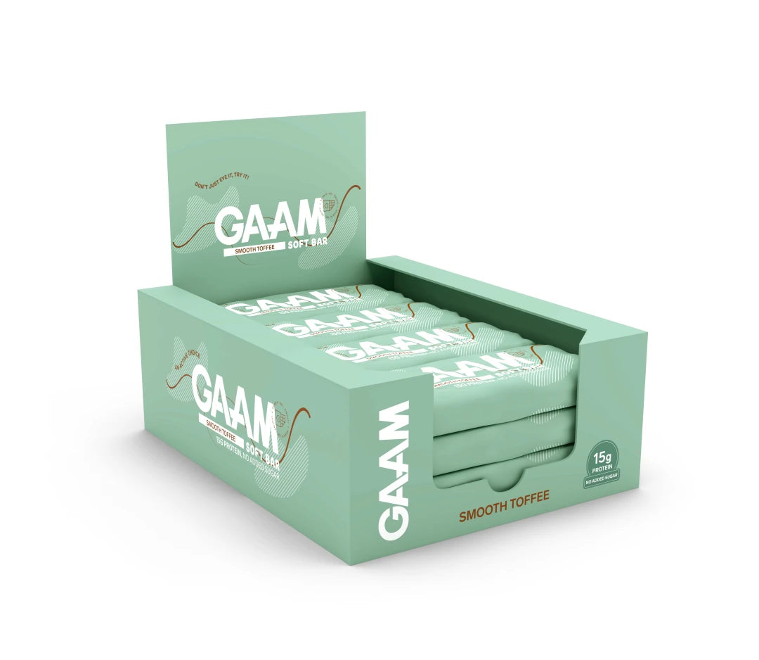 12 x GAAM Soft bar 45 g Smooth Toffee i en ljusgrön kartong med vita och bruna detaljer., bild 1 av 1