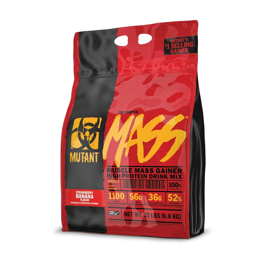 Mutant Mass 6,8 kg -gainer punaisessa ja mustassa pussissa keltaisilla yksityiskohdilla, makuna Strawberry Banana., kuva 2/4