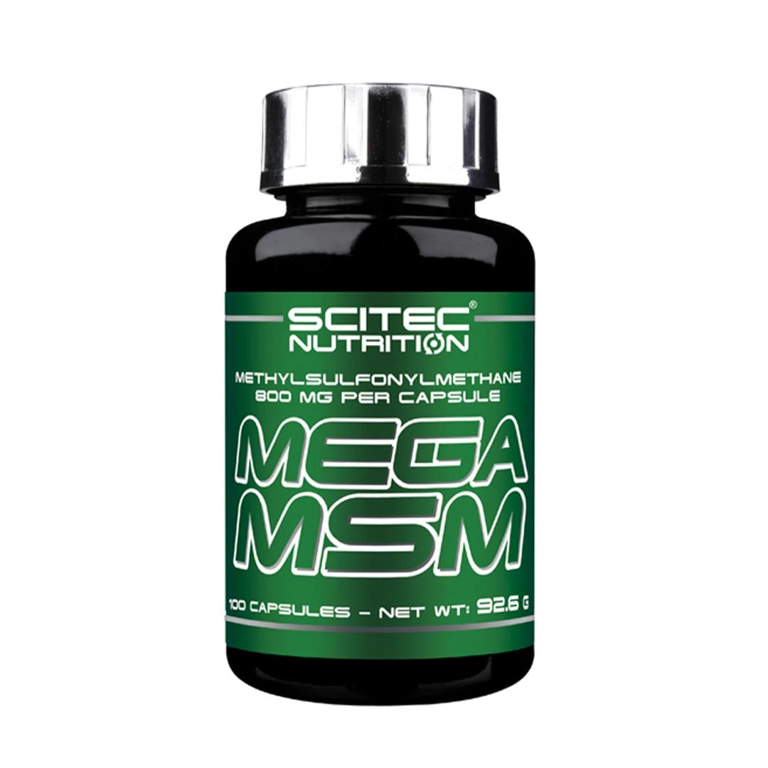 Svart burk med grön etikett innehållande Scitec Nutrition Mega MSM 100 caps, ett kosttillskott för leder., bild 1 av 1