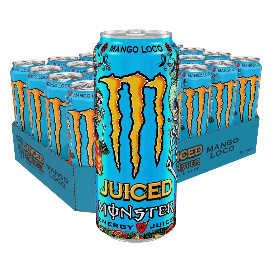 24 x Monster Energy 500 ml Mango Loco i ett flak med ljusblå burkar som har gula detaljer och dödskallemönster., bild 1 av 1