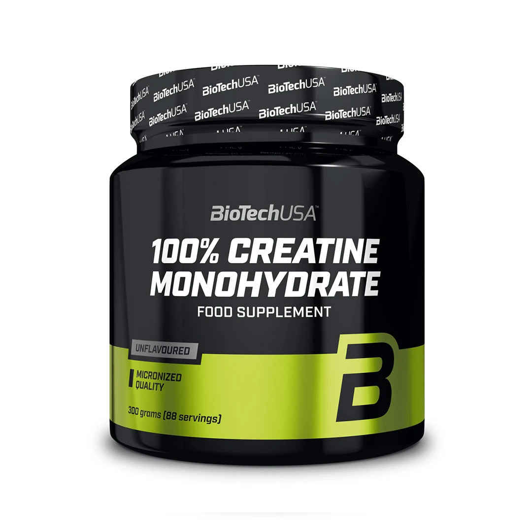 BioTechUSA 100% Creatine Monohydrate 300 g, ett naturellt kreatinpulver förpackat i en svart burk med gröna detaljer., bild 1 av 1