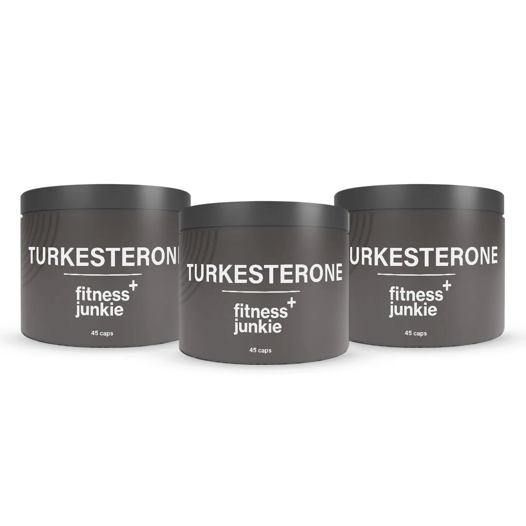 3 x fitnessjunkie Turkesterone 45 caps tummanharmaissa purkeissa valkoisilla yksityiskohdilla., kuva 1/1