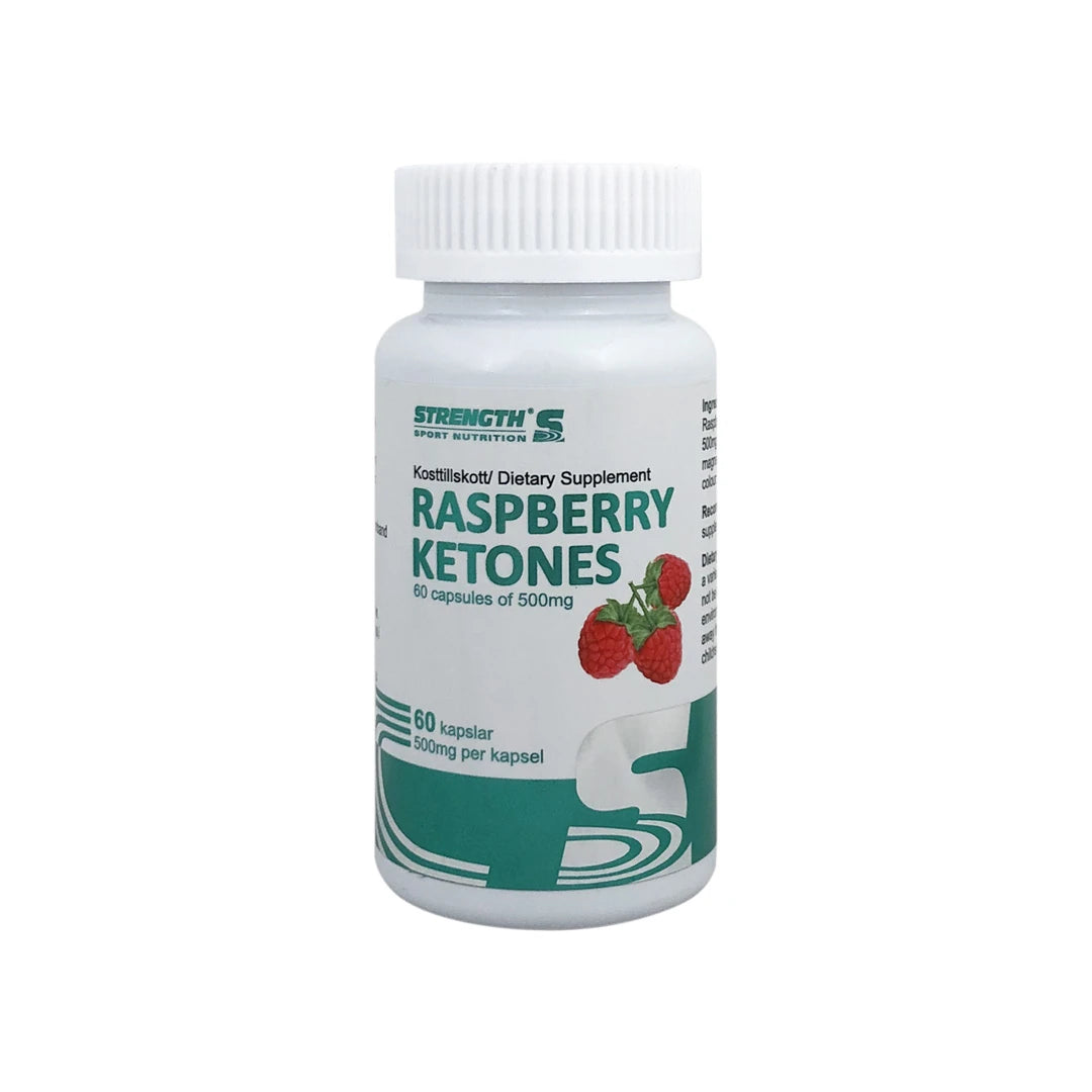 Strength Sport Nutrition Raspberry Ketone 60 caps valkoisessa purkissa, jossa on vihreä teksti ja vadelmien kuvia., kuva 1/1