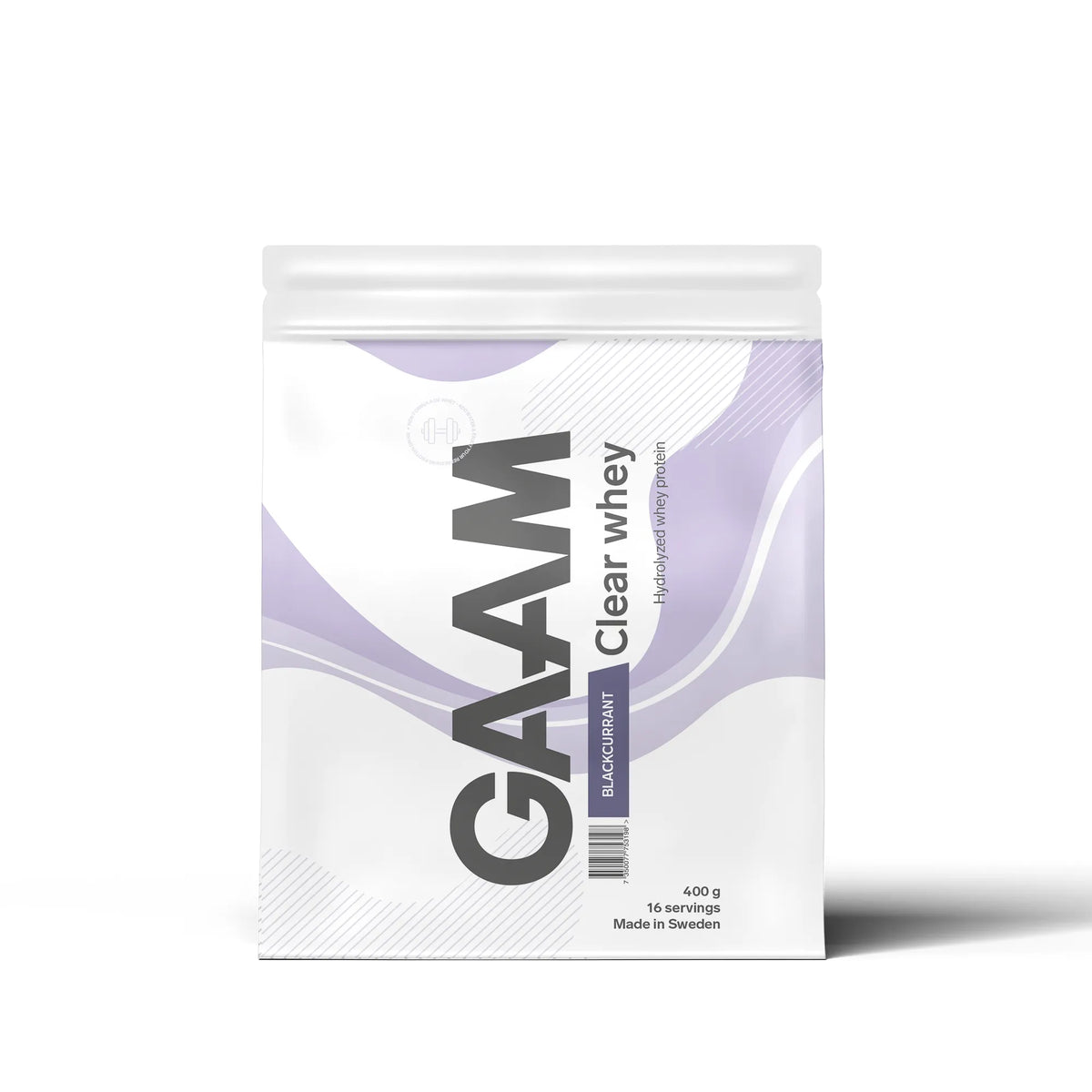 GAAM Clear Whey 400 g -proteiinijauhe valkoisessa pussissa liiloilla yksityiskohdilla, makuna Blackcurrant., kuva 1/4