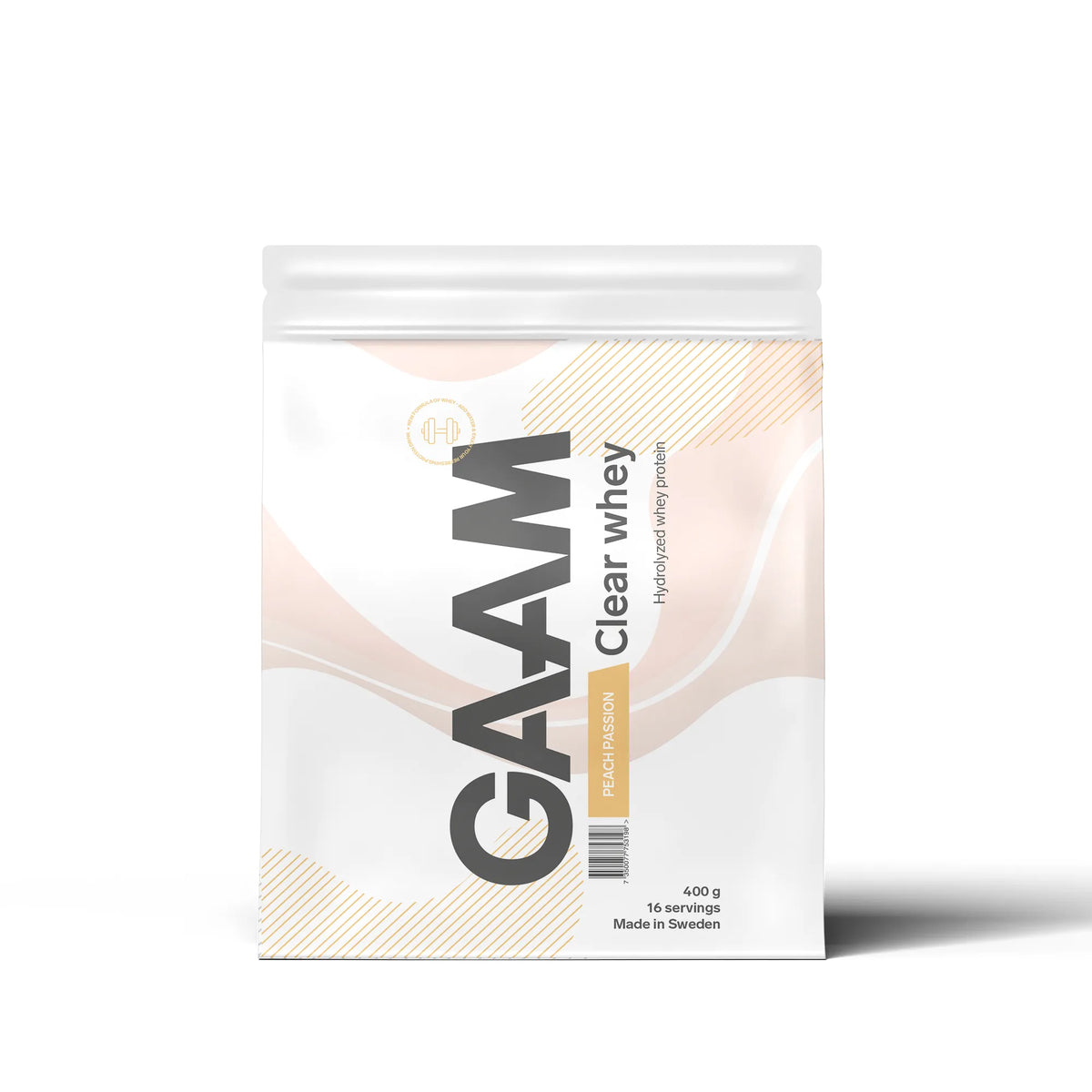 GAAM Clear Whey 400 g -proteiinijauhe valkoisessa pussissa persikanvärisillä kuvioilla, makuna Peach Passion., kuva 2/4