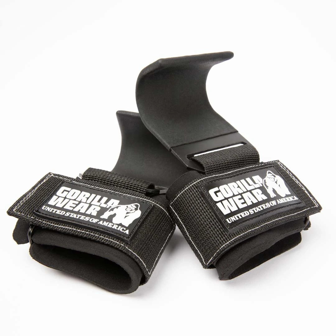 Gorilla Wear Weight Lifting Hooks Black/White är ett par svarta dragkrokar i stål och nylon med vit logotyp., bild 1 av 1