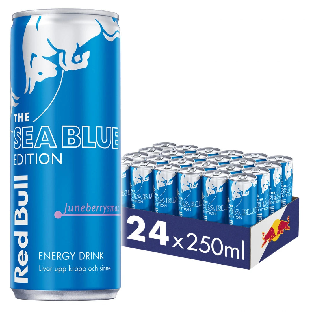 24 x Red Bull energiajuoma 250 ml Sea Blue Edition - Juneberry laatikossa kirkkaansinisillä ja hopeisilla tölkeillä., kuva 1/1