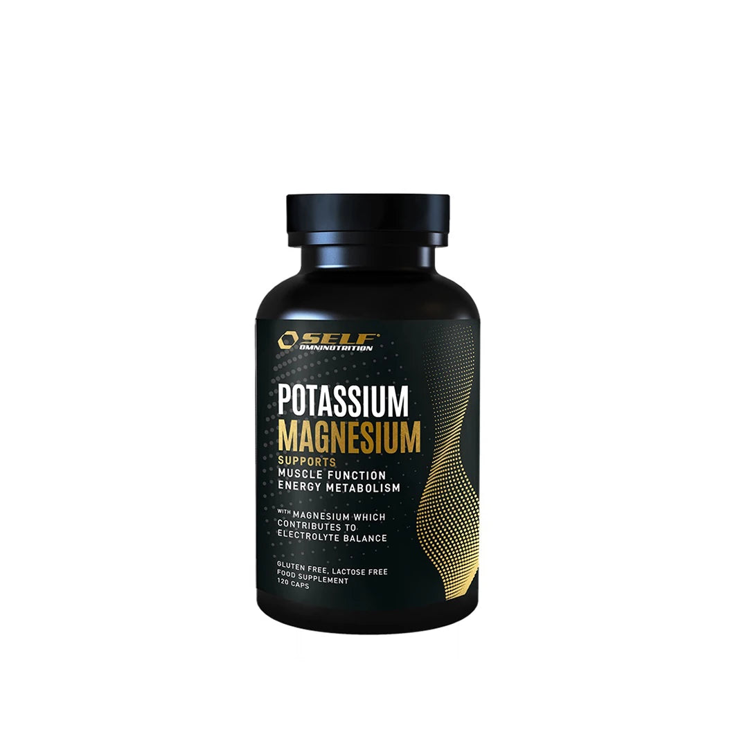 Self Omninutrition Potassium-Magnesium 120 caps, musta purkki kultaisilla yksityiskohdilla ja valkoisella tekstillä., kuva 1/1