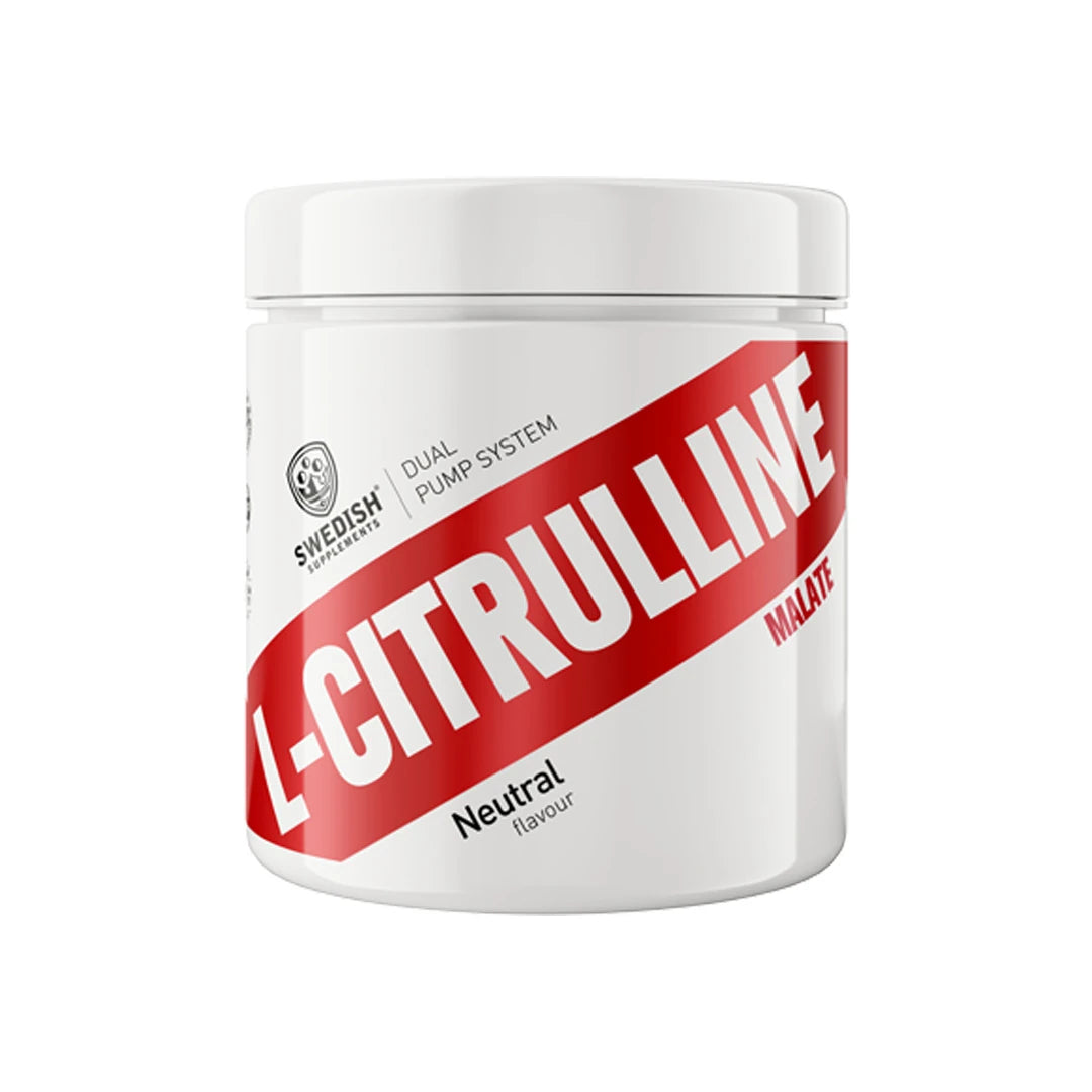Swedish Supplements Citrulline Malate 250 g maustamaton aminohappojauhe valkoisessa purkissa punaisella raidalla., kuva 1/1