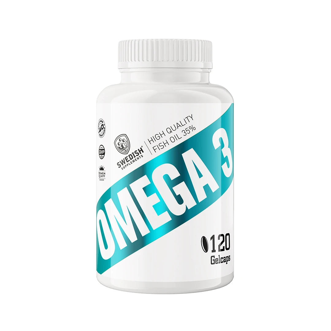 Valkoinen purkki turkoosilla tekstillä Swedish Supplements Omega 3 120 caps -kalaöljyravintolisälle., kuva 1/1