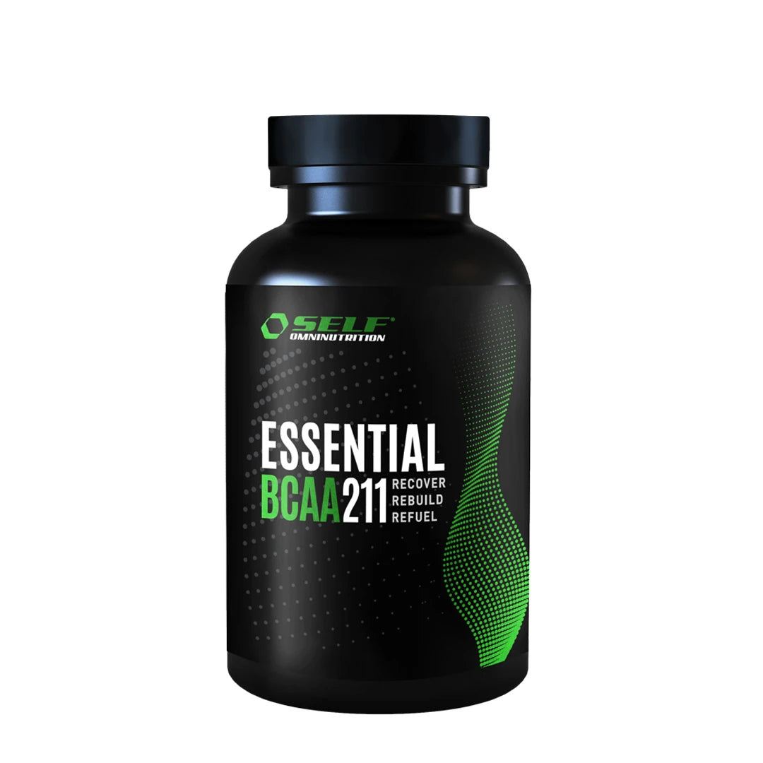 Self Omninutrition Essential BCAA 211 100 tabs mustassa purkissa, jossa on vihreitä graafisia yksityiskohtia., kuva 1/1