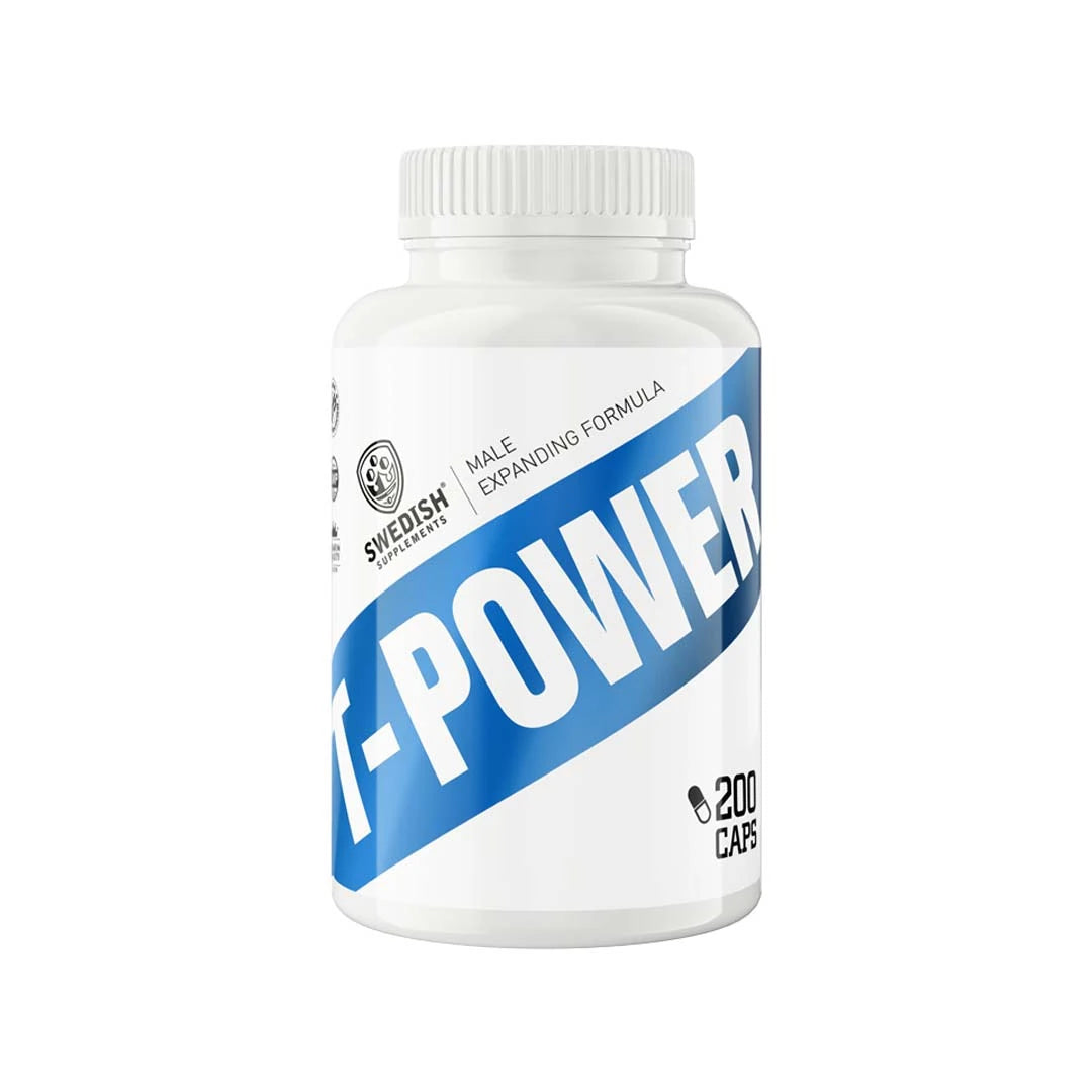 Valkoinen purkki sinisellä tekstillä testosteronibuusterille Swedish Supplements T-Power 200 caps., kuva 1/1