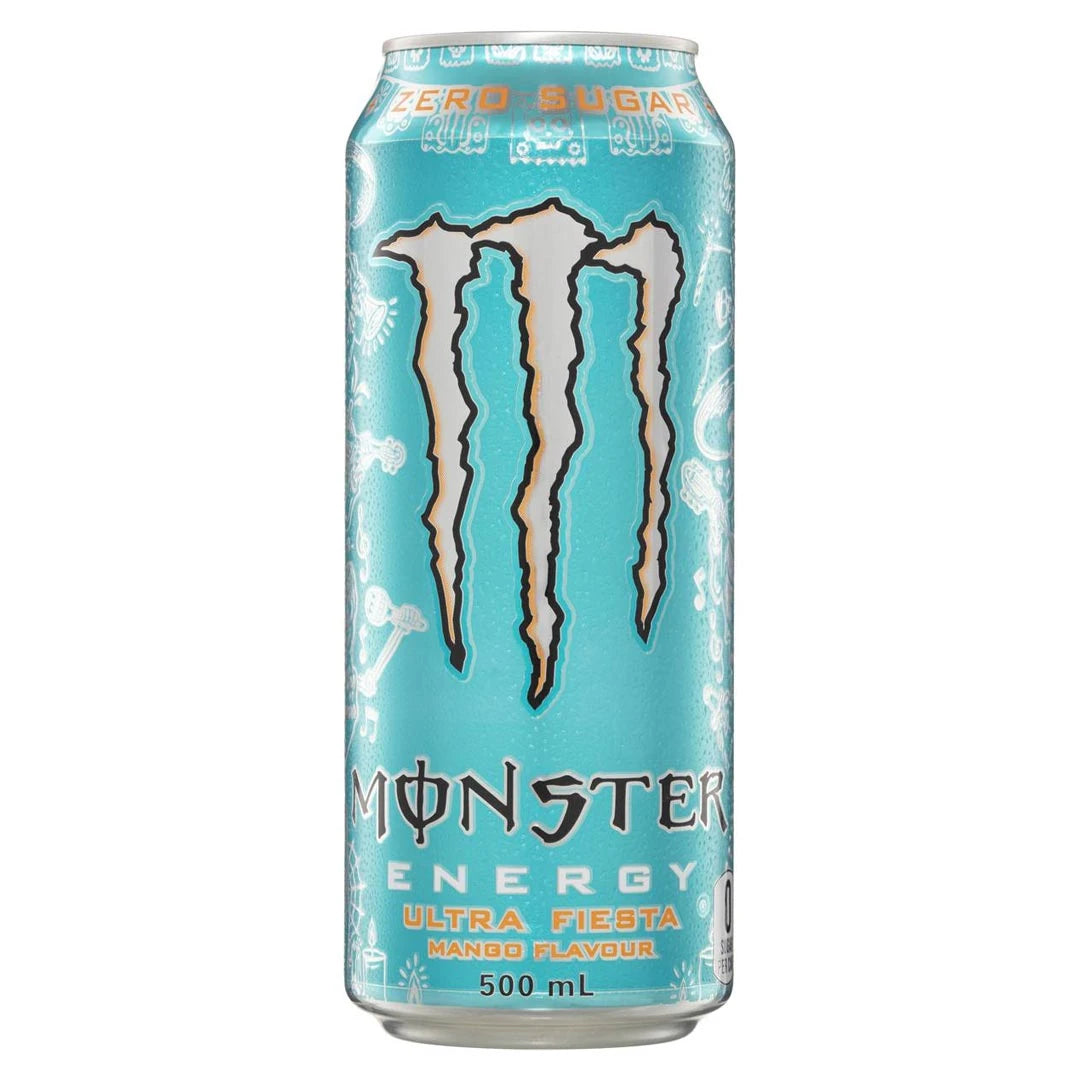 Monster Energy 500 ml turkoosissa metallitölkissä valkoisilla yksityiskohdilla, makuna sokeriton Ultra Fiesta Mango., kuva 2/19