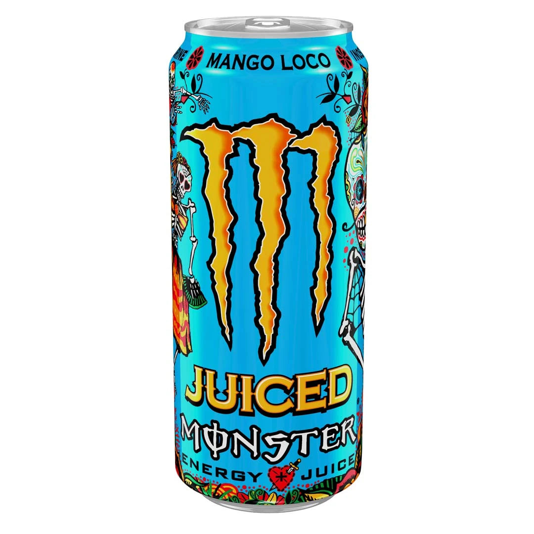 Monster Energy 500 ml i en ljusblå burk med färgstarkt dödskallemönster för smaken Mango Loco., bild 18 av 20