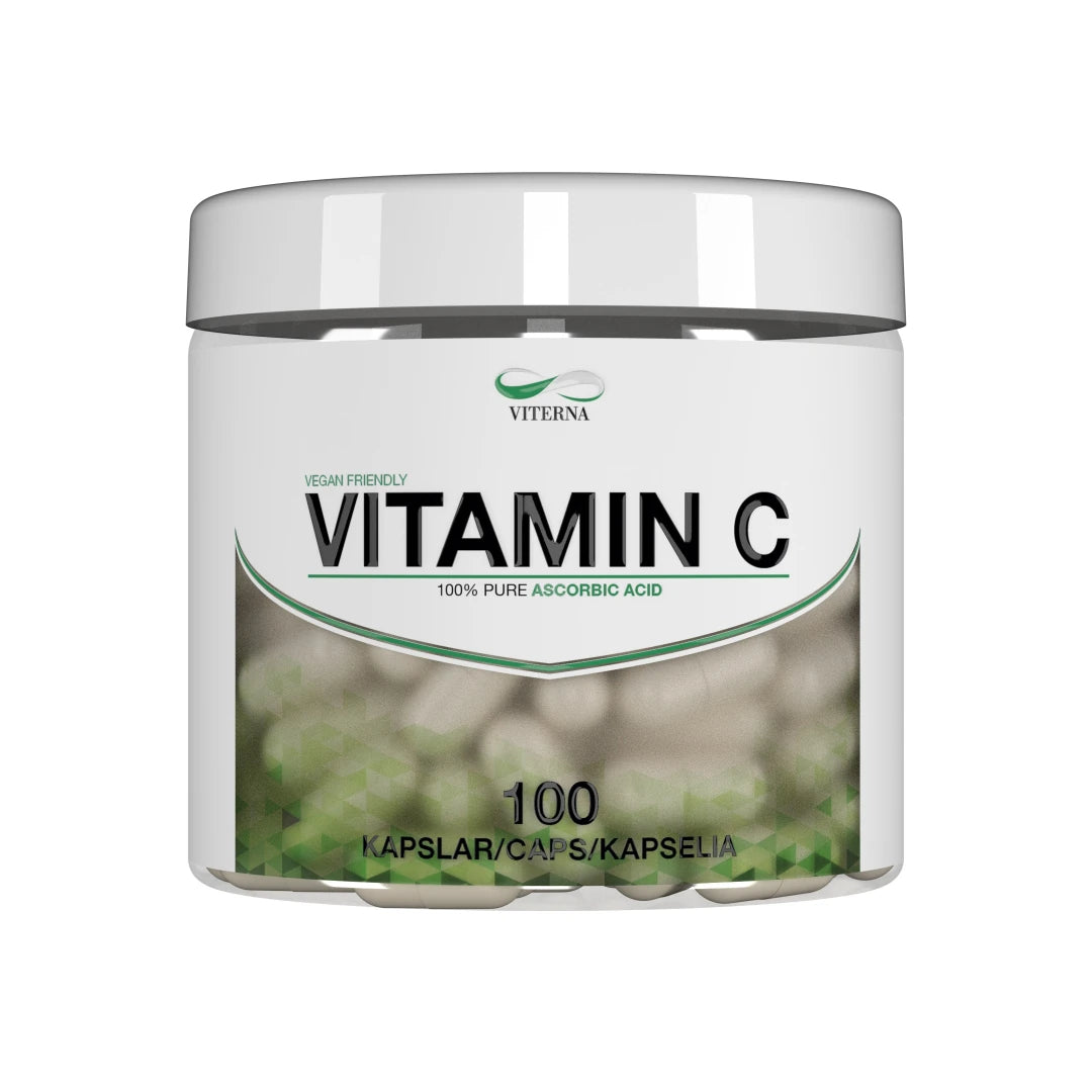 Viterna Vitamin C 100 caps, vegaaninen ravintolisä valkoisessa muovipurkissa vihreillä yksityiskohdilla., kuva 1/1