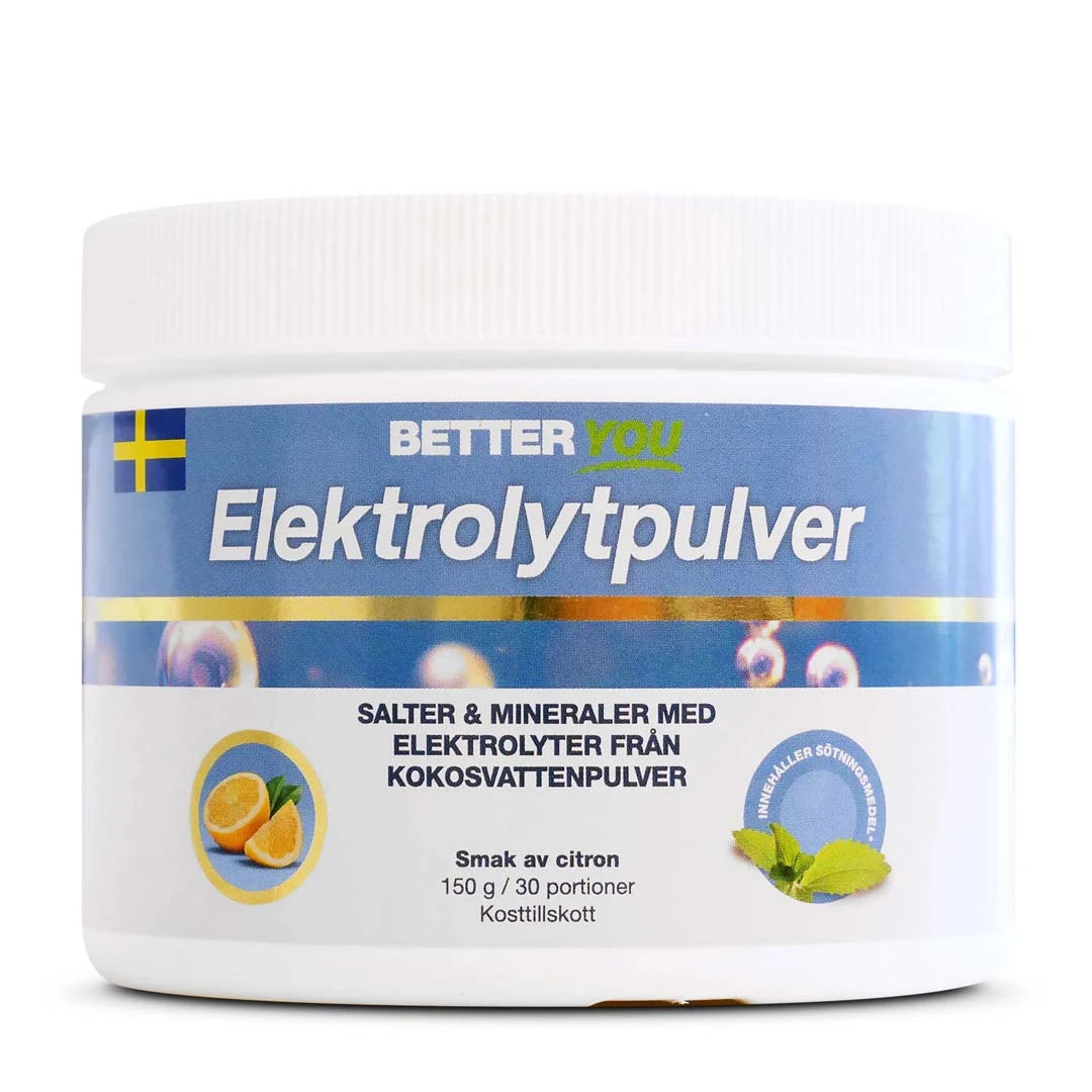 Better You Elektrolyyttijauhe 150 g valkoisessa purkissa sinisellä etiketillä, makuna sitruuna., kuva 1/3