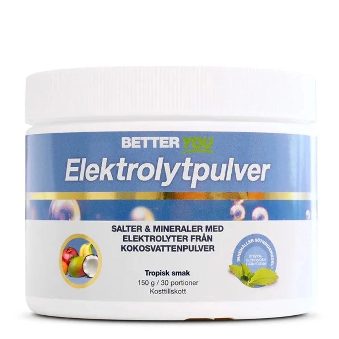 Better You Elektrolyyttijauhe 150 g valkoisessa purkissa sinisellä etiketillä, makuna Tropisk.