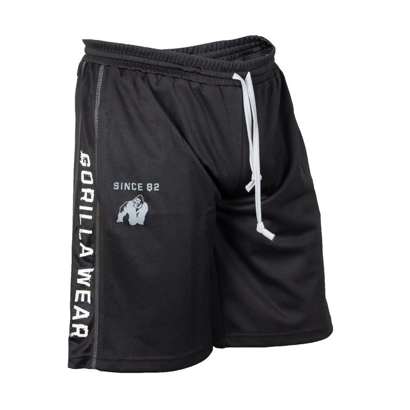 Mustat verkkokankaiset Gorilla Wear Functional Mesh Shorts -treenishortsit, joissa on valkoinen kiristysnauha ja sivulogo., kuva 1/4