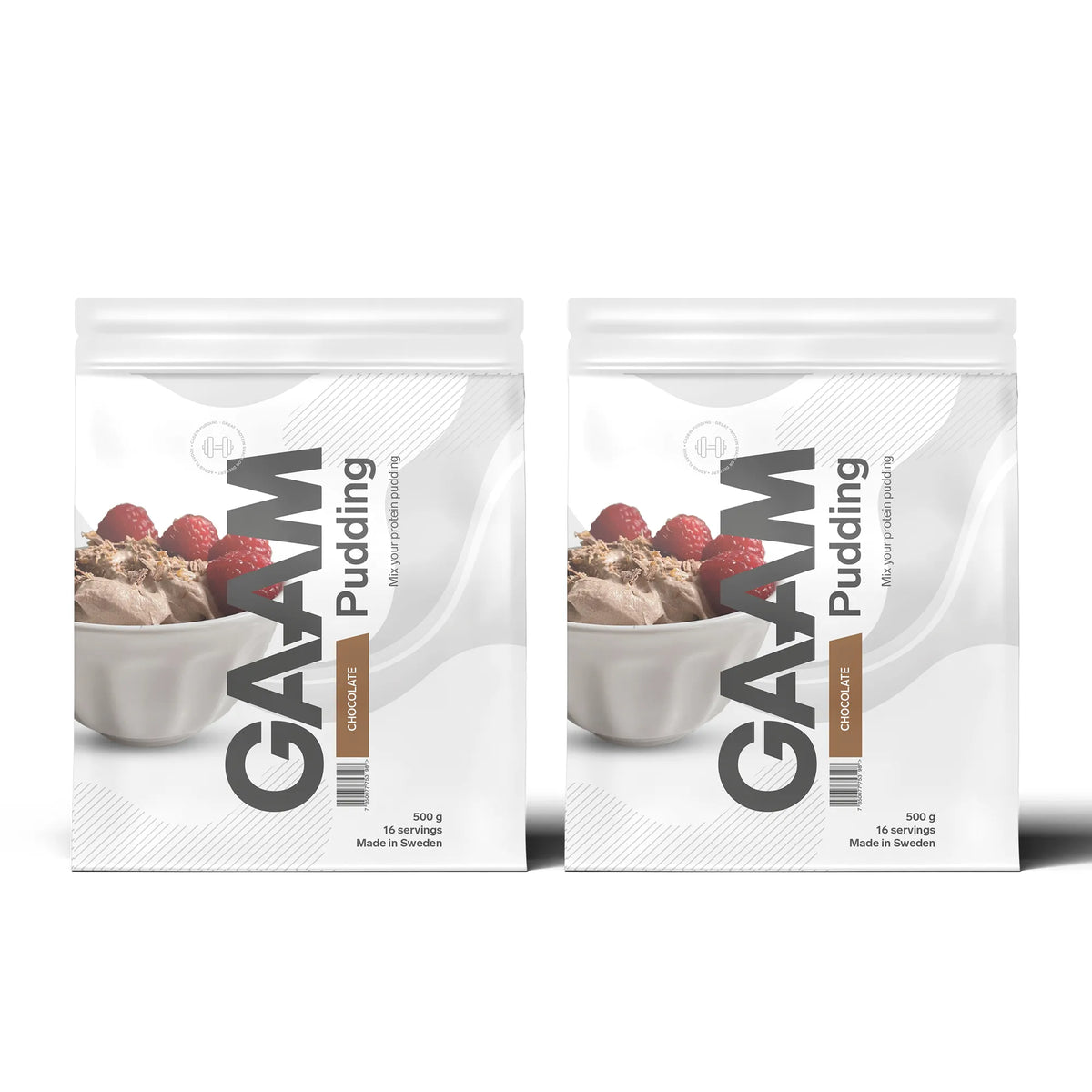 2 x GAAM Pudding 500 g -proteiinipudding kahdessa valkoisessa pussissa ruskeilla yksityiskohdilla, makuna suklaa., kuva 1/1