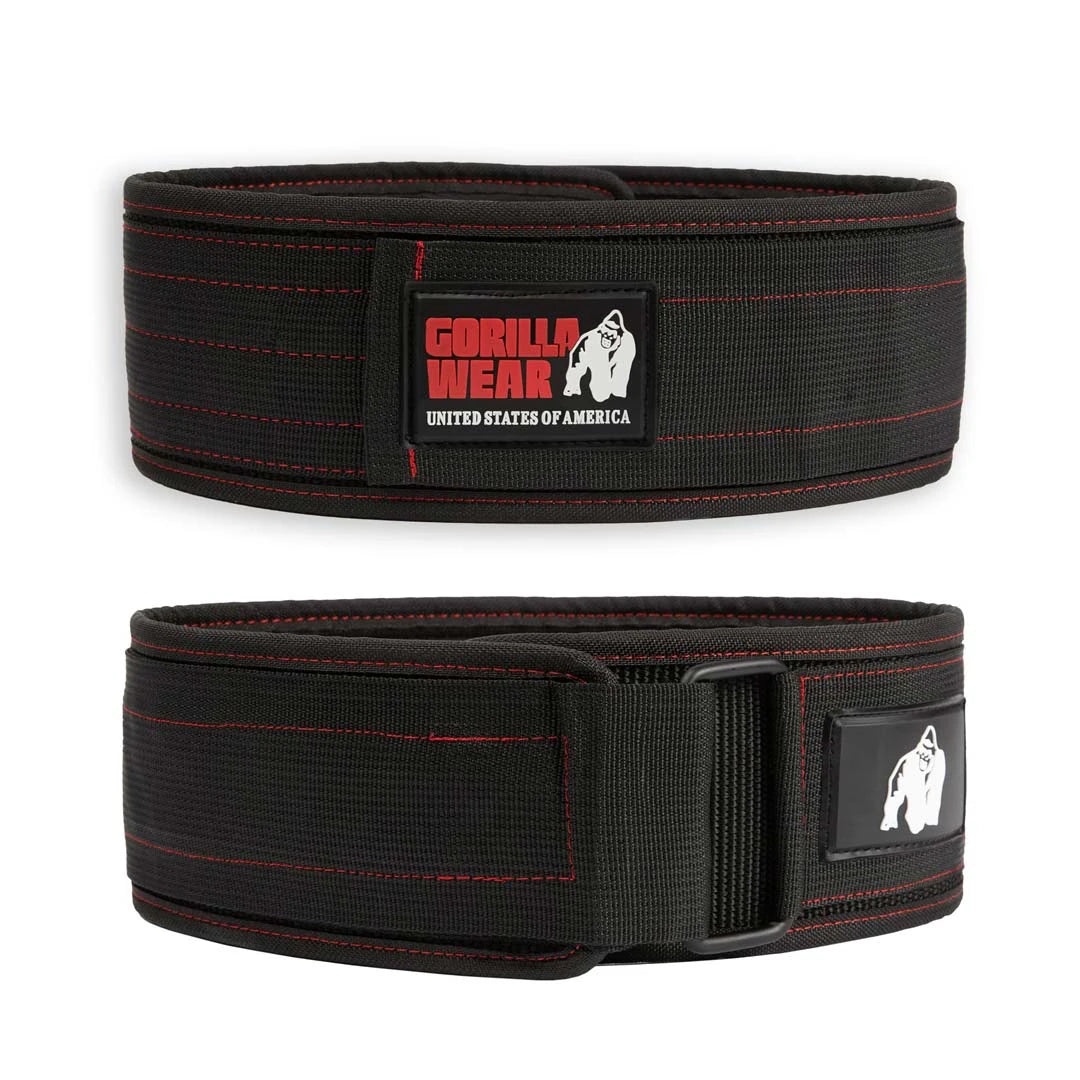Musta nailoninen Gorilla Wear 4 Inch Nylon Belt Black/Red -nostovyö punaisilla tikkauksilla ja soljella.