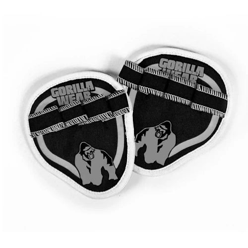 Mustat Gorilla Wear Palmgrip Svart -treenigripit valkoisilla yksityiskohdilla ja logolla voimaharjoitteluun., kuva 1/1