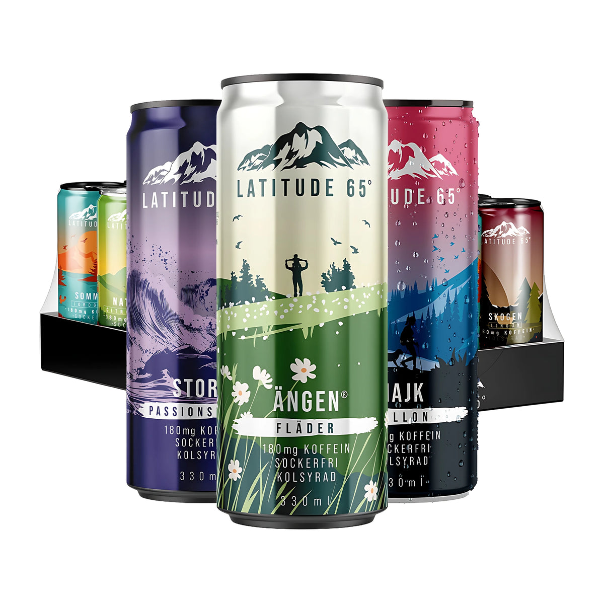 24 x Latitude 65 330 ml Mix-lava sisältää erilaisia hiilihapotettuja juomia värikkäissä 330 ml:n tölkeissä valkoisella taustalla., kuva 1/1