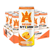 12 x Reign Storm Energy 355 ml Valencia Orange i ett gult och vitt flak med matchande burkar.