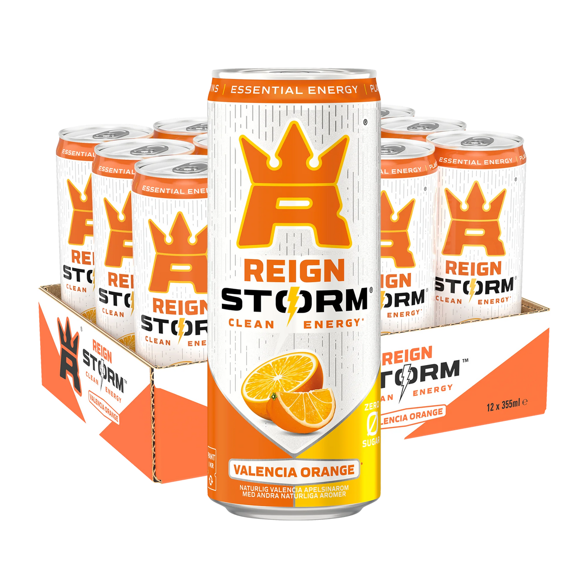 12 x Reign Storm Energy 355 ml Valencia Orange kelta-valkoisessa laatikossa yhteensopivilla tölkeillä., kuva 1/1