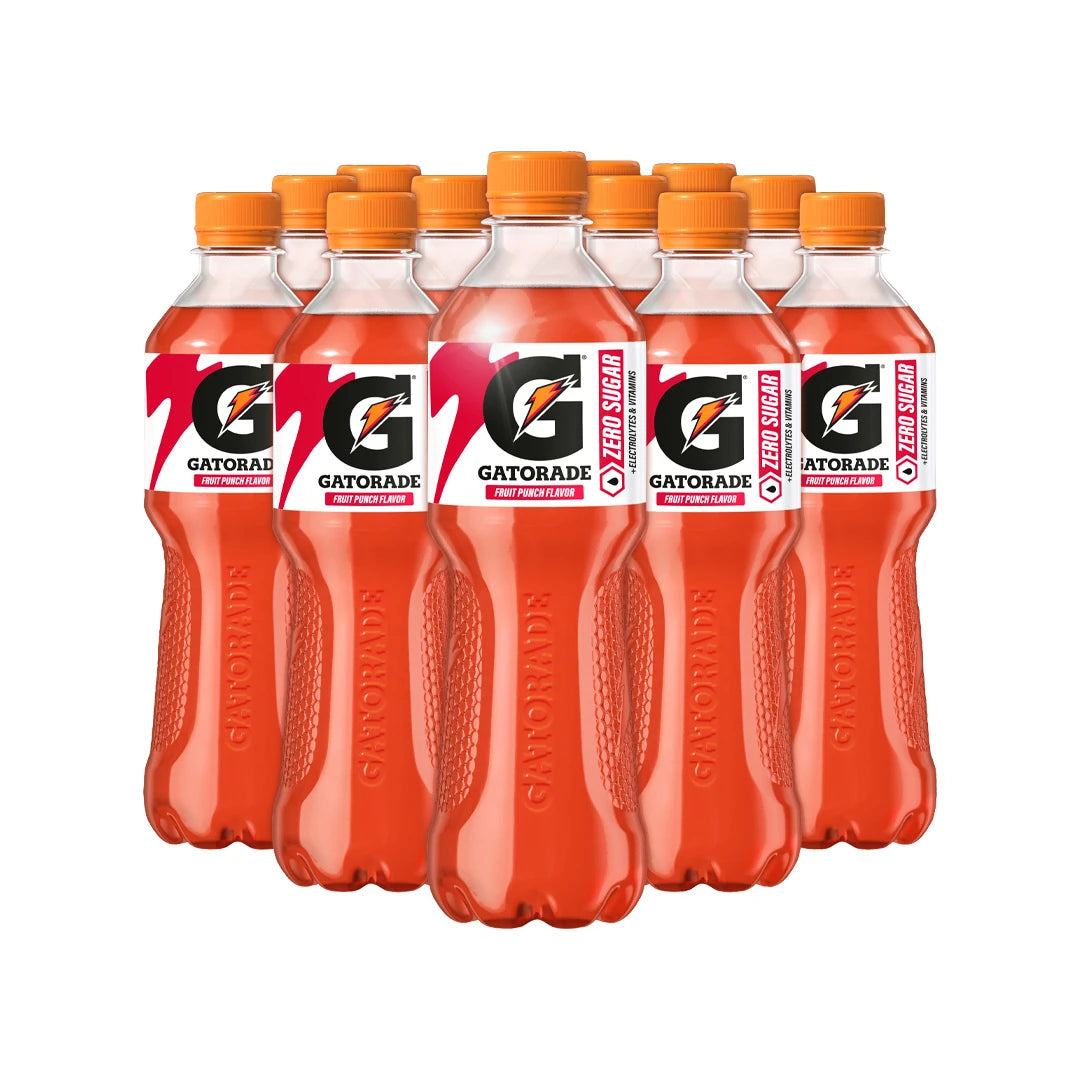 12 x Gatorade 500 ml Fruit Punch Zero i transparenta plastflaskor med röd sportdryck och orange skruvkork., bild 1 av 1