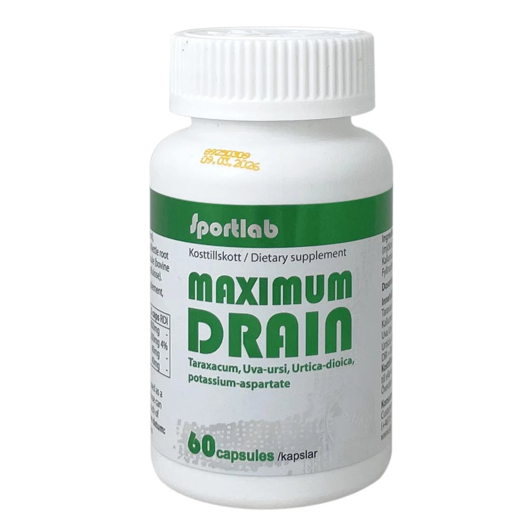 Sportlab Maximum Drain 60 caps, nesteenpoistoa edistävä ravintolisä valkoisessa purkissa vihreällä tekstillä., kuva 1/1