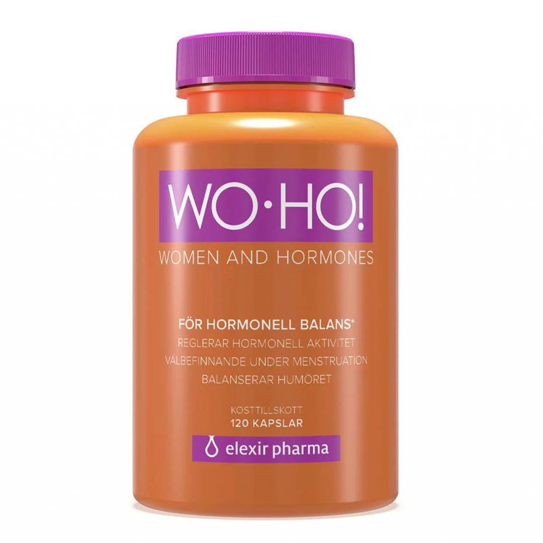 En orange burk med lila lock som innehåller Elexir Pharma WoHo! 120 caps, ett kosttillskott för hormonell balans hos kvinnor., bild 1 av 1