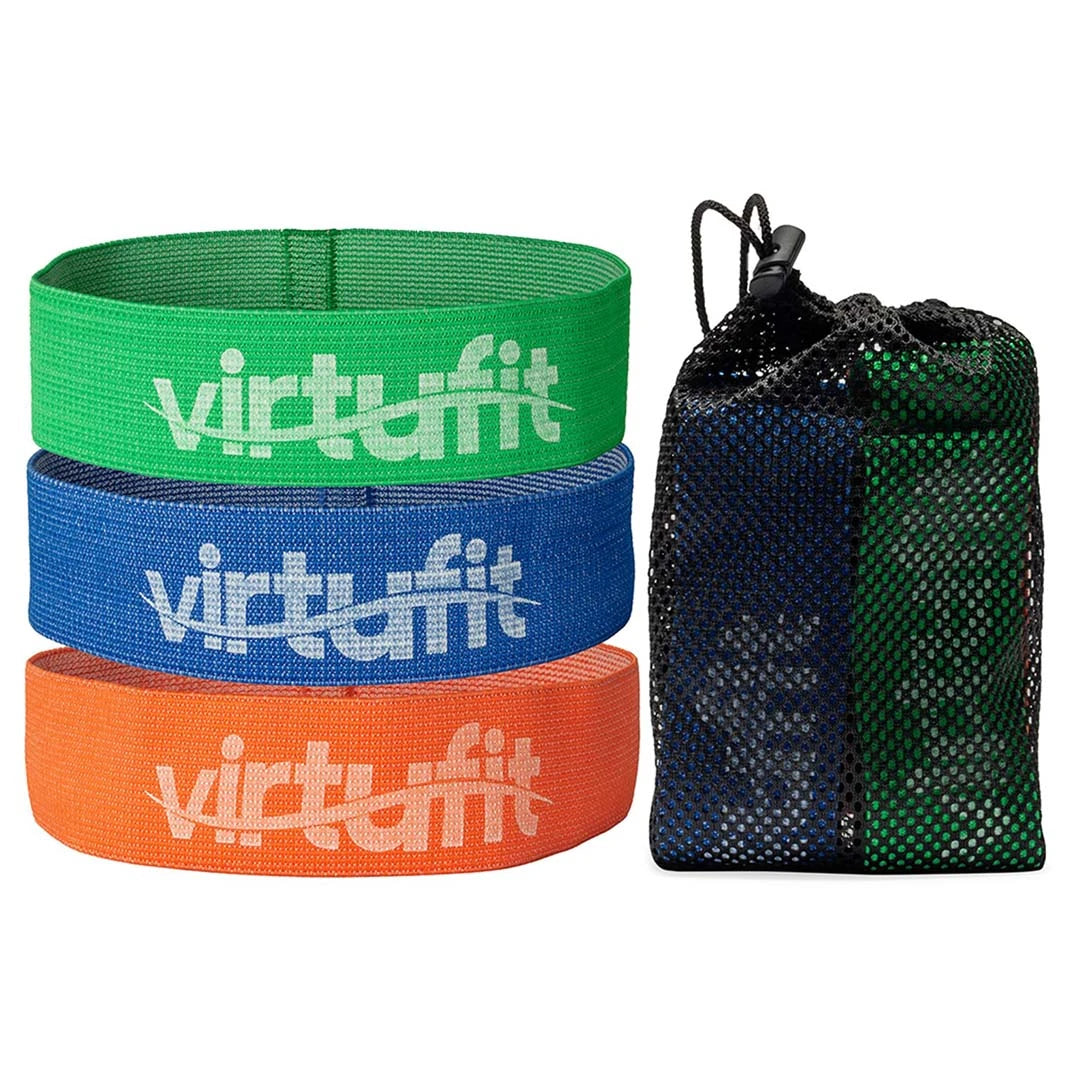 Virtufit Mini Bands Comfort 3-pack, kolme puuvillaista treeninauhaa (vihreä, sininen, oranssi) ja musta verkkopussi., kuva 1/1