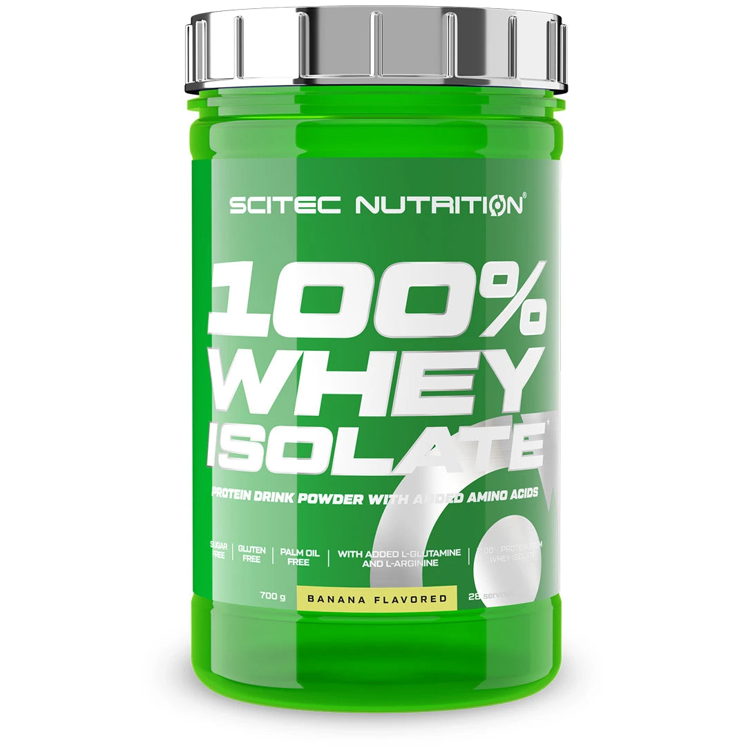 Scitec Nutrition 100% Whey Isolate 700 g -proteiinijauhe vihreässä, hopeakantisessa purkissa, makuna Banana.