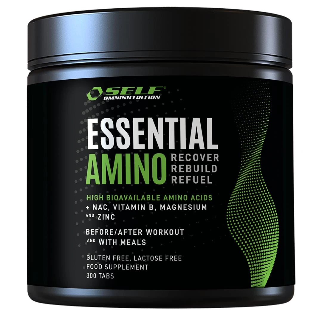 Self Omninutrition Essential Amino 300 tabs -aminohapot mustassa purkissa vihreillä yksityiskohdilla., kuva 1/1