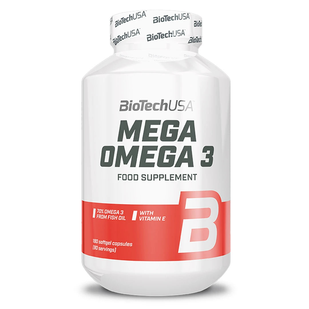 BioTechUSA Mega Omega 3 180 caps valkoisessa purkissa, jossa on punainen alaosa ja harmaa teksti., kuva 1/1