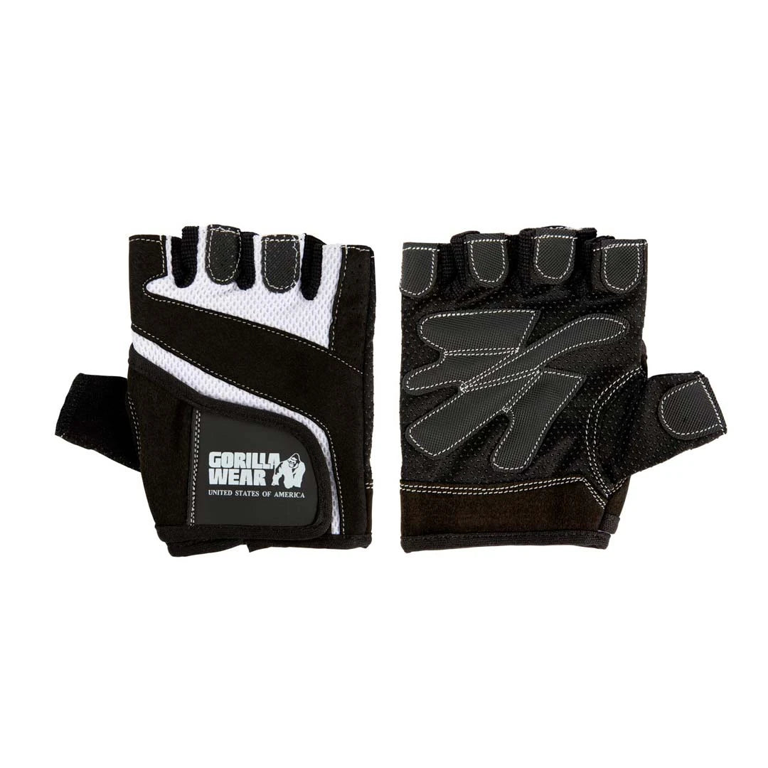 Mustat Gorilla Wear Womens Fitness Gloves Black/White -treenihanskat synteettistä nahkaa valkoisella verkkokankaalla., kuva 1/4