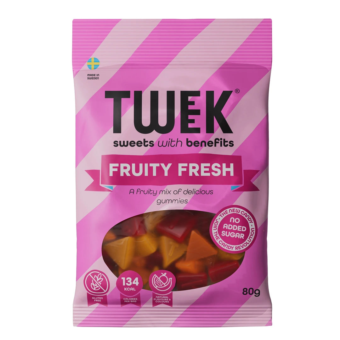 Tweek Sweets 80 g Fruity Fresh -makeiset vaaleanpunaraidallisessa pussissa, jonka ikkunasta näkyy hyytelöpaloja., kuva 1/7