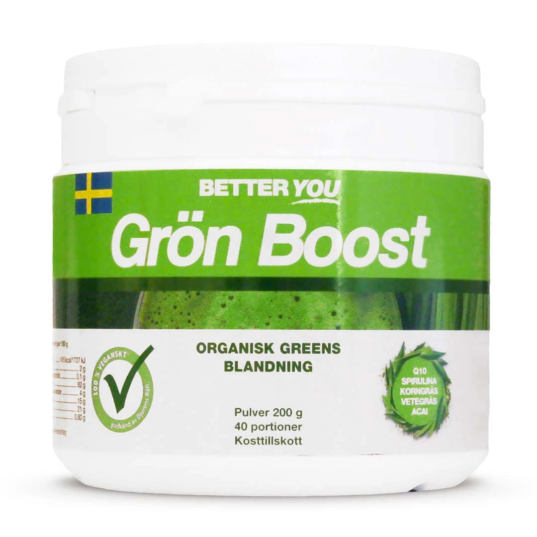 Better You Grön Boost Pulver 200 g, vegaaninen viherjauhesekoitus valkoisessa muovipurkissa vihreällä etiketillä., kuva 1/1