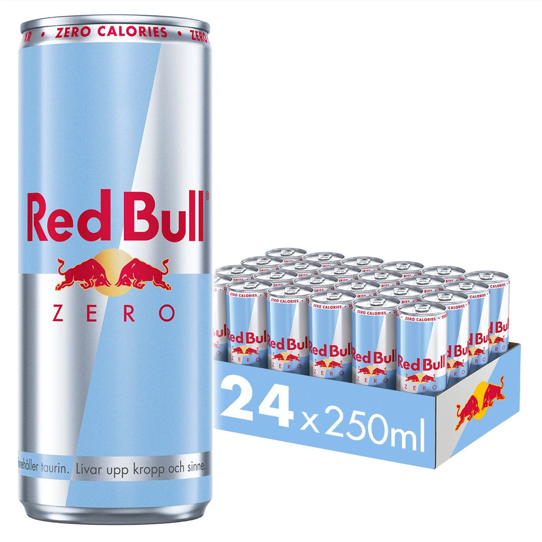 24 x Red Bull energiajuoma 250 ml ZERO laatikossa, jossa on hopean- ja vaaleansinisiä tölkkejä., kuva 1/1