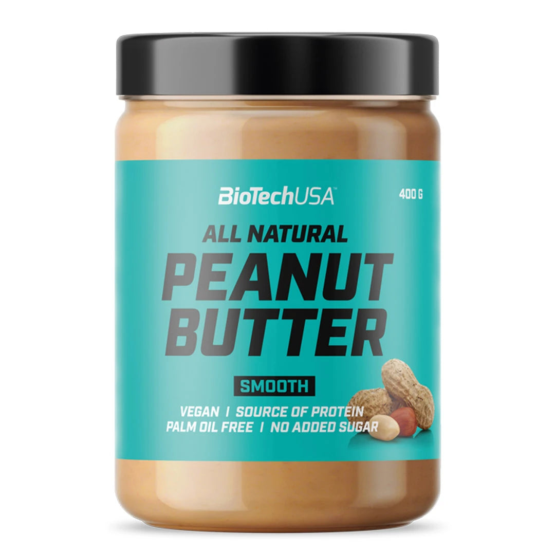 BioTechUSA Peanut Butter 400 g i en transparent burk med svart lock och turkos etikett för varianten smooth., bild 1 av 1
