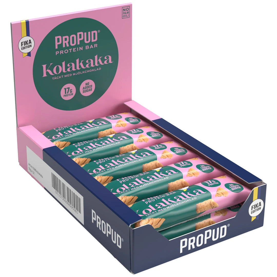 12 x NJIE ProPud Proteinbar 55 g Kolakaka vaaleanpunaisessa ja tummansinisessä esittelylaatikossa., kuva 1/1