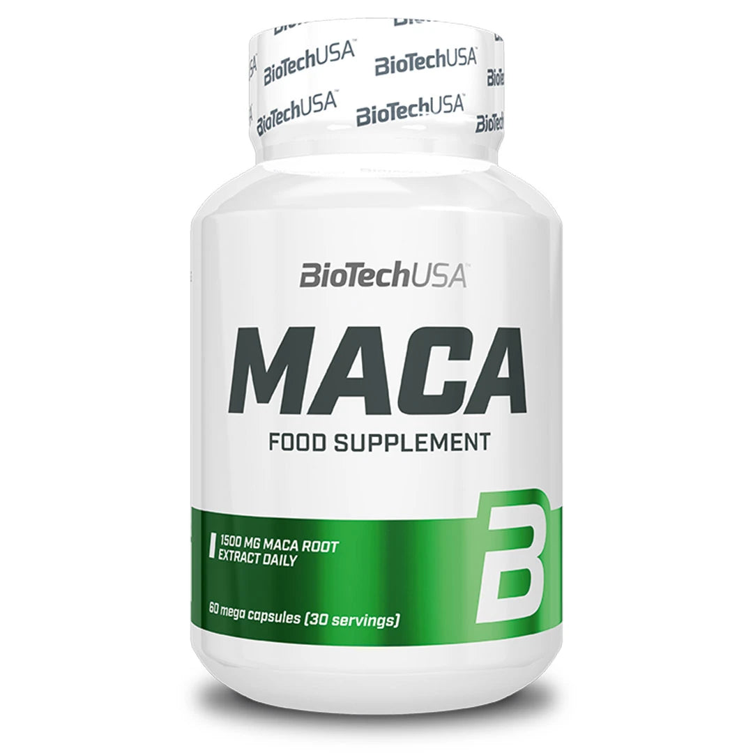 BioTechUSA MACA 60 caps -suorituskykyä parantava ravintolisä valkoisessa purkissa vihreillä yksityiskohdilla., kuva 1/1
